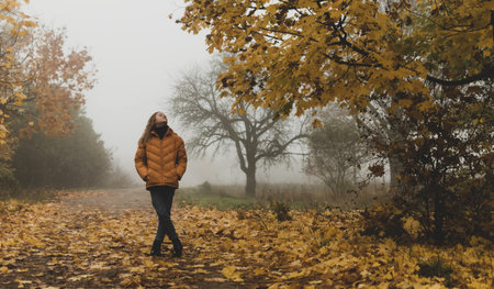 A young girl in a yellow jacket walks in an autumn park with fallen leavesの写真素材