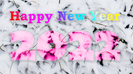 The green grass is covered with white snow, the inscription happy new year 2022