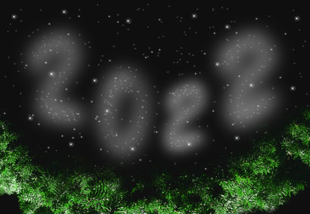 Illuminated silhouette of green or in the night darkness, and New Year's stars