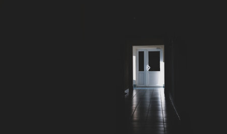 Tinted image of a fragment of a corridor with a large door of an office buildingの写真素材