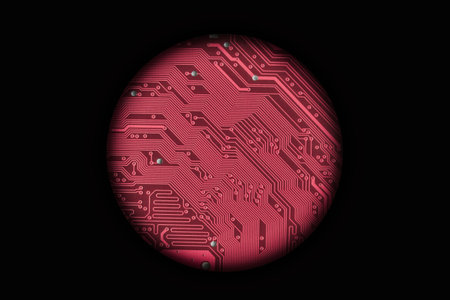 A fragment of a computer board in the form of a planet in space