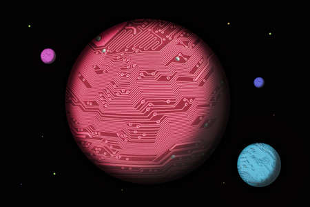 A fragment of a computer board in the form of a planet in spaceの写真素材