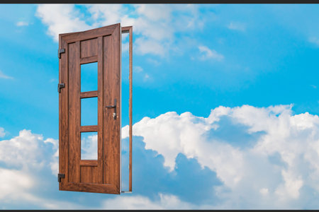 A fragment of a new plastic door with a handle covered with lamination