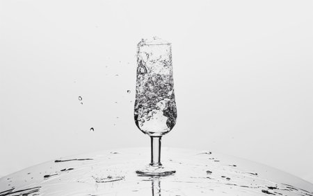 Glass tumbler with bubbling water on a white backgroundの写真素材