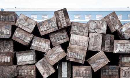 Textural image of railway sleepers soaked in fuel oilの写真素材
