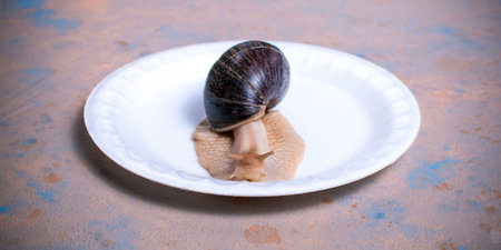 A large snail on a plate on a decorative backgroundの写真素材