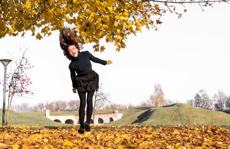 Children play in the autumn park in yellow leavesの写真素材