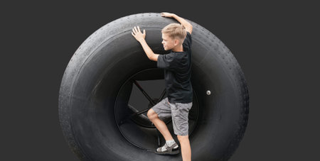 Little boy studies rescue SUV