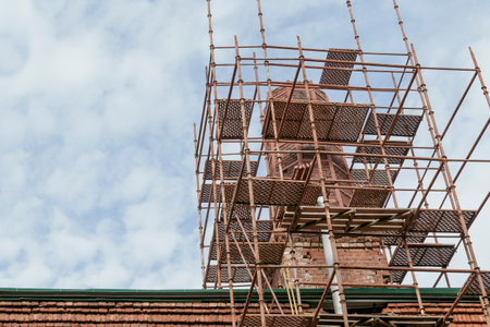 Restoration of a fragment of the tower of the old fortressの写真素材