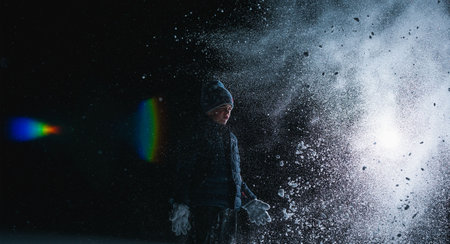 A little boy is playing in the deep snow in the eveningの写真素材