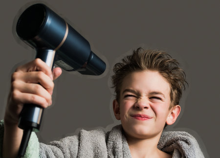 Boy drying his hair with a hairdryer over gray backgroundの写真素材