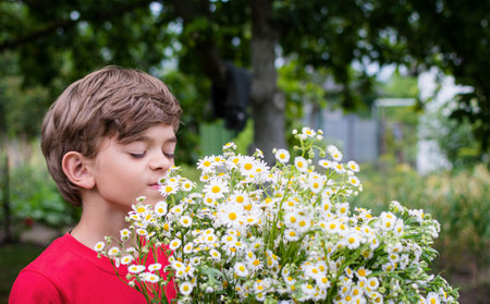A little boy is holding a large bouquet of wildflowers in springの写真素材