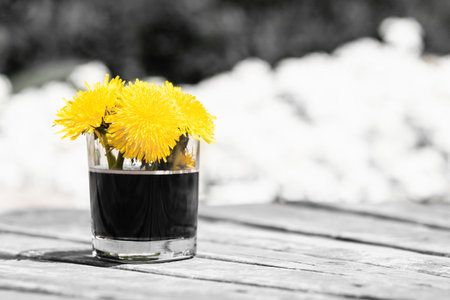 Dandelion buds in a glass glass with a dark-colored drink