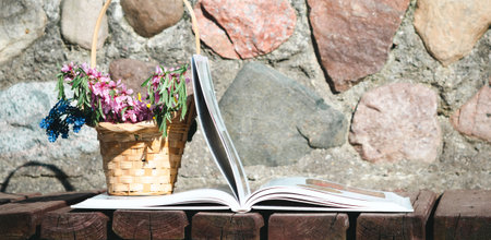 View of a large book on a decorative background of flowers stones and boardsの写真素材