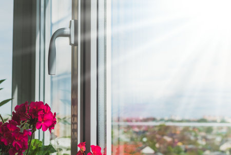 Flowers on the windowsill plastic window on the balcony of a high-rise buildingの写真素材