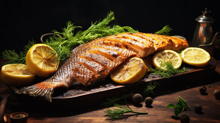 Baked fish with lemon and spices on a cutting board.Generated by AIの素材