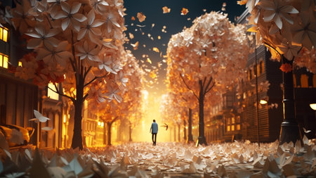 Illustration of a city street with trees in origami style,Generated by AI, Generated, AIの素材