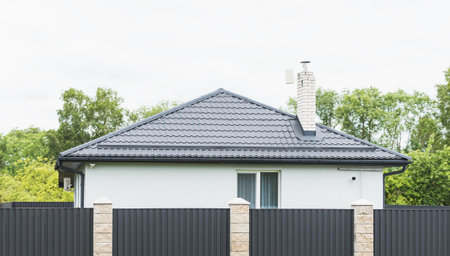 Fragment of a private house outside the city, with green vegetationの写真素材