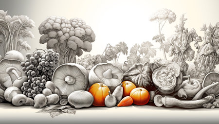 Still life of fruits and vegetables in nature painted with paints,Generated by AIの素材