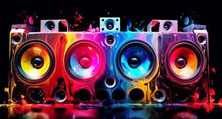 Visual music, colorful liquid magnetic resonance, speakers,Generated by AIの素材