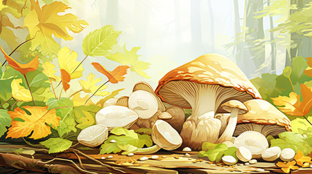 Painting with colors on the theme of mushrooms in the autumn forest on a sunny day,Generated by AIの素材