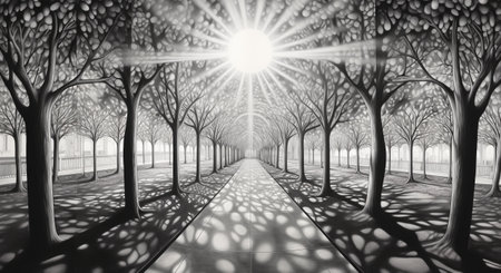 Hand-drawn illustration of a city alley in a park with a path and trees,Generated by AIの素材