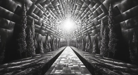 Hand-drawn illustration of a city alley in a park with a path and trees,Generated by AIの素材