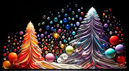 Illustration of a colorful Christmas card with a Christmas tree and toys,Generated by AI,の素材