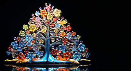 Illustration of a colorful Christmas card with a Christmas tree and toys,Generated by AI,の素材