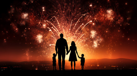 Silhouette of a family against the background of a large fireworks display in the night sky,Generated by AIの素材