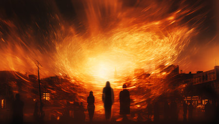 Silhouettes of people against the background of burning houses at night,Generated by AIの素材