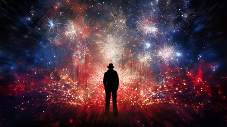 Silhouette of a man against the background of a large fireworks display in the night sky,Generated by AIの素材
