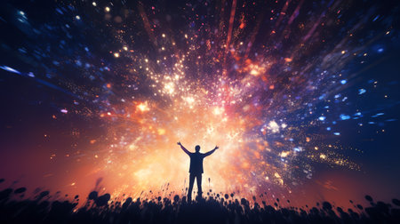 Silhouette of a man against the background of a large fireworks display in the night sky,Generated by AIの素材