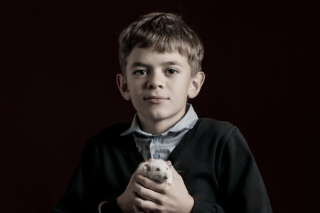 Portrait image of a boy on a dark background who plays with a white ratの写真素材