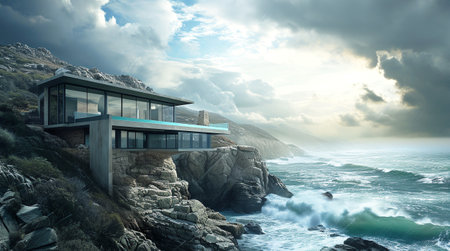 Conceptual design of a modern panel private house on the ocean,Generated by AIの素材