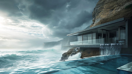 Conceptual design of a modern panel private house on the ocean,Generated by AIの素材