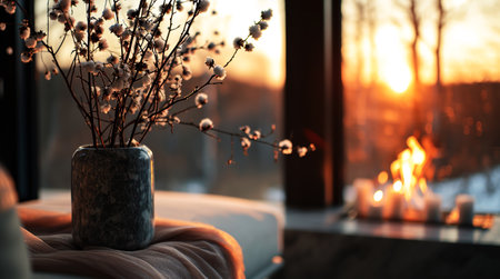 A vase with a bouquet of flowers in the hall with a burning fireplace during sunset,Generated by AIの素材