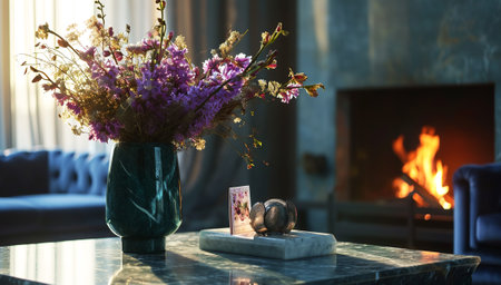 A vase with a bouquet of flowers in the hall with a burning fireplace during sunset,Generated by AIの素材