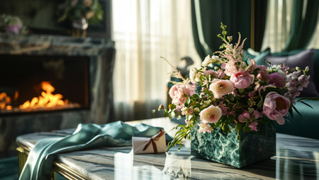 A vase with a bouquet of flowers in the hall with a burning fireplace during sunset,Generated by AIの素材