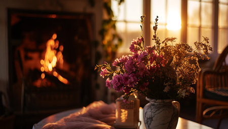 A vase with a bouquet of flowers in the hall with a burning fireplace during sunset,Generated by AIの素材