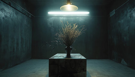 A bouquet of dried flowers is in the basement on a table under a lamp,Generated by AIの素材