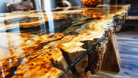 View of a table with a countertop made of old logs and epoxy resin, Generated by AIの素材