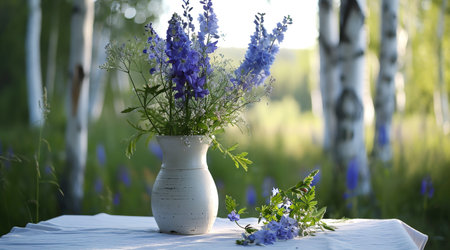A bouquet of flowers in a white vase on the background of a spring birch grove, on a sunny day,Generated by AIの素材