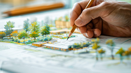 The architect draws a layout of a modern building and the surrounding area,Generated by AIの素材