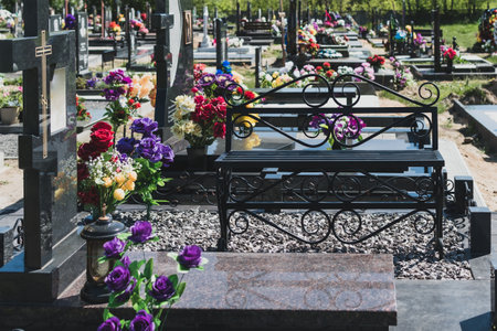 View of a fragment of a tombstone monument in the cemeteryの写真素材