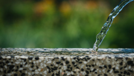 A stream of water pours onto a table in the summer gardenの写真素材
