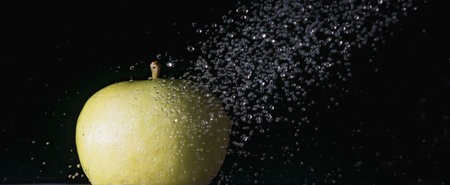 A blurry image of a spray of water pouring from a hose onto an apple in the dark