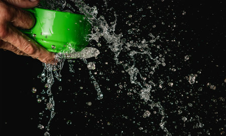 A blurry image of a jet of water pouring from a hose into a mugの写真素材