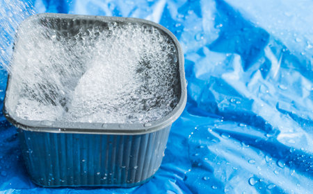 Splashes of water pouring from a watering tap into a plastic containerの写真素材