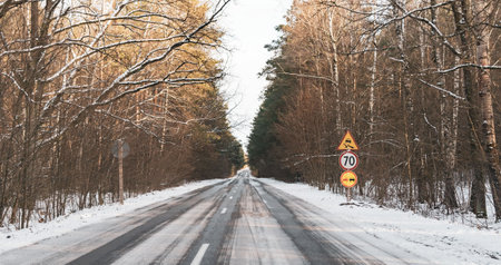 Snowy, slippery forest road in winter eveningの写真素材